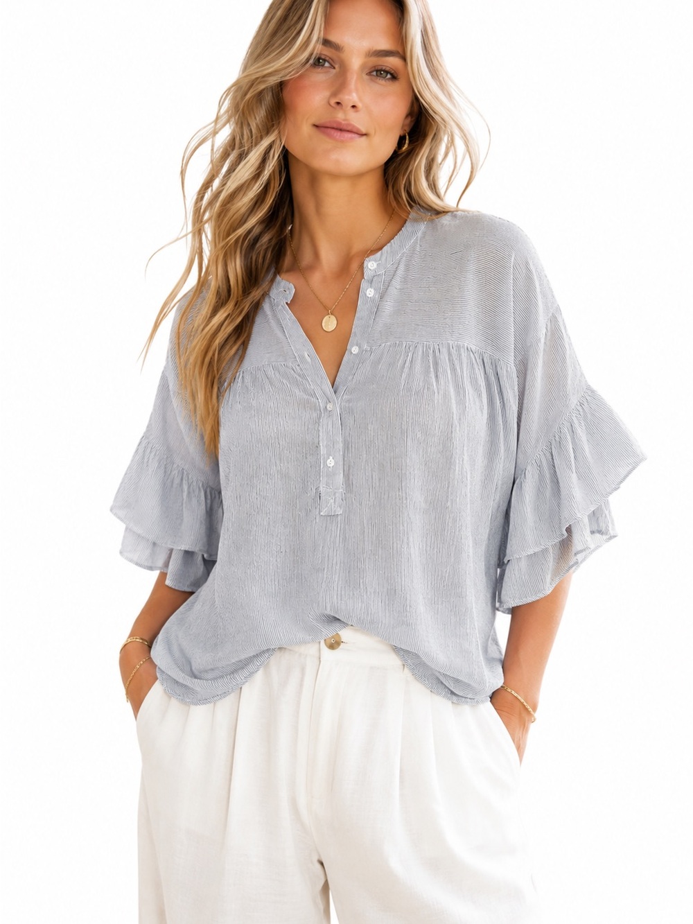 Anthropologie Mave Blue Striped Ruffle Sleeve Coastal Grandmother Top XS